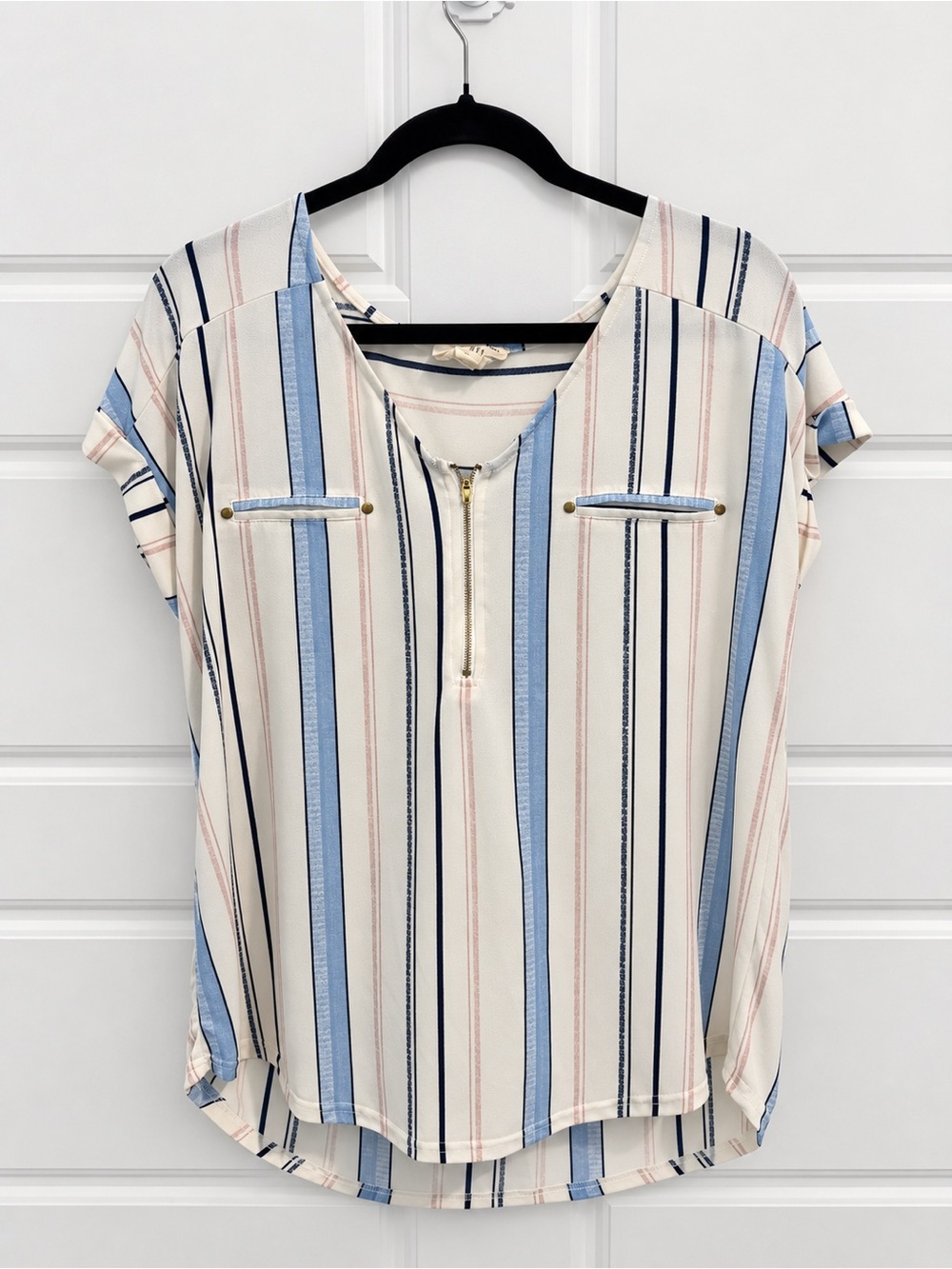 Flower & Feather Striped Half-Zip Blouse XL